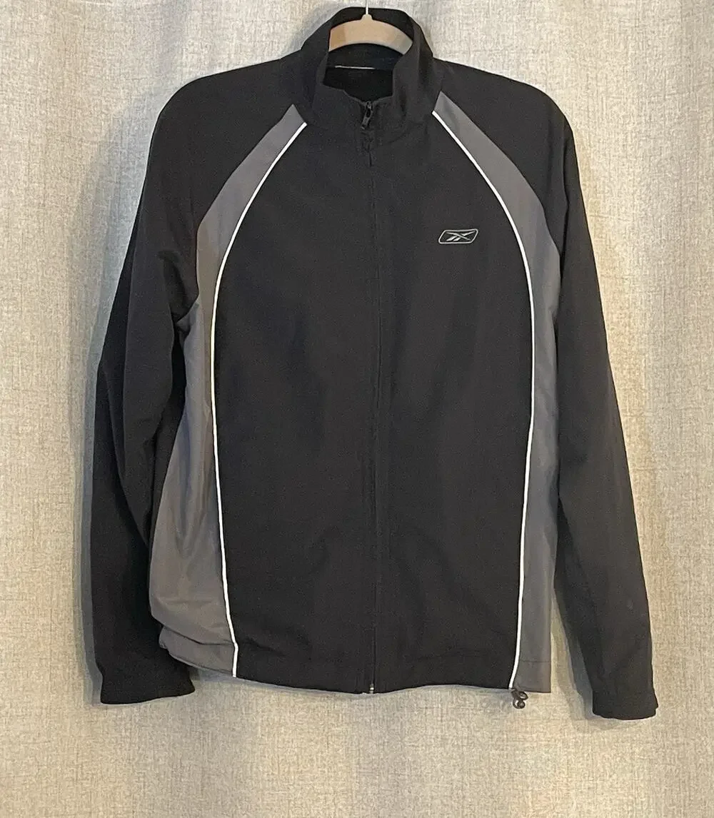 Reebok Full Zip Windbreaker Mens Gray Mesh Lined Embroidered Logo Med/Large